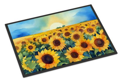 Kansas Sunflowers in Watercolor Doormat Front Door Mat Indoor Outdoor Rugs for Entryway, Non Slip Washable Low Pile, 24H X 36W