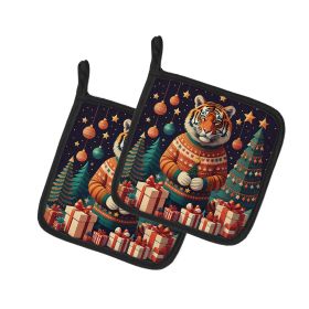 Tiger Christmas Pair of Pot Holders Kitchen Heat Resistant Pot Holders Sets Oven Hot Pads for Cooking Baking BBQ, 7 1/2 x 7 1/2 (Default: Default)