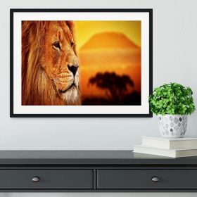 Lion portrait on savanna landscape Framed Print (Color: Black/No White Edging, size: 12" x 8" / 30cm x 20cm (approx))