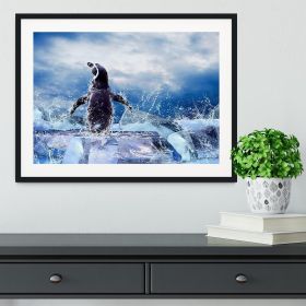 Penguin on the Ice in water drops Framed Print (Color: Black/With White Edging, size: 18" x 12" / 48cm x 30cm (approx))